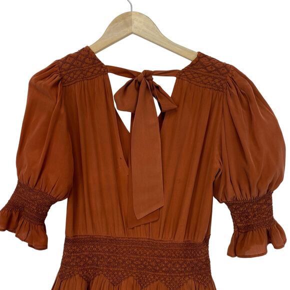 LOVE SAM Blixen Smocked Dress  Sz S 100% Silk Cognac Brown Ruffles Boho Cowgirl - Picture 12 of 14